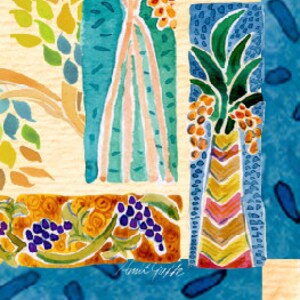 K&ouml;nnte beinhalten: Ein Aquarellbild eines Stilllebens mit einer Vase mit Blumen, Trauben und Bl&auml;ttern. Die Vase ist ein buntes Chevron-Muster mit einer gr&uuml;nen Pflanze, die aus der Oberseite w&auml;chst. Der Hintergrund ist hellblau und gr&uuml;n.