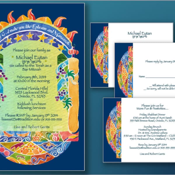 BAR MITZVAH invitations - custom printable invitations - Print your own invites - digital files - English Hebrew - Twelve Tribes of Israel
