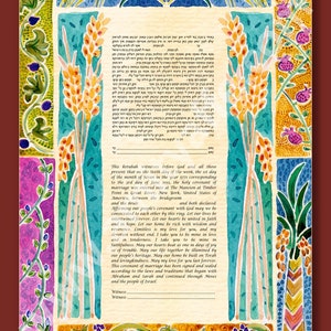 K&ouml;nnte beinhalten: Eine traditionelle j&uuml;dische Ketubah, oder Heiratsurkunde, mit einem farbenfrohen Blumendesign. Der Text enth&auml;lt das Datum der Hochzeit, den 3. Juni 2011, und den Ort, The Mansion at Timber Point in Great River, New York. Der Text enth&auml;lt auch einen Segen f&uuml;r die Zukunft des Paares.