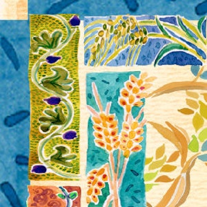 K&ouml;nnte beinhalten: Ein Aquarellbild mit verschiedenen floralen und pflanzlichen Motiven. Das Bild ist in Abschnitte unterteilt, die jeweils ein anderes Design aufweisen. Ein Abschnitt zeigt eine Rebe mit violetten Bl&uuml;ten und gr&uuml;nen Bl&auml;ttern, ein anderer Abschnitt zeigt Weizen&auml;hren mit orangefarbenen und gelben K&ouml;rnern und ein weiterer Abschnitt zeigt einen blauen Hintergrund mit gr&uuml;nen Bl&auml;ttern und gelben Bl&uuml;ten.