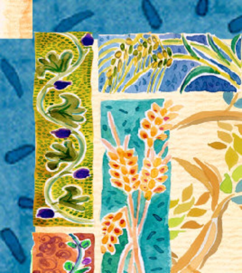 K&ouml;nnte beinhalten: Ein Aquarellbild mit verschiedenen floralen und pflanzlichen Motiven. Das Bild ist in Abschnitte unterteilt, die jeweils ein anderes Design aufweisen. Ein Abschnitt zeigt eine Rebe mit violetten Bl&uuml;ten und gr&uuml;nen Bl&auml;ttern, ein anderer Abschnitt zeigt Weizen&auml;hren mit orangefarbenen und gelben K&ouml;rnern und ein weiterer Abschnitt zeigt einen blauen Hintergrund mit gr&uuml;nen Bl&auml;ttern und gelben Bl&uuml;ten.
