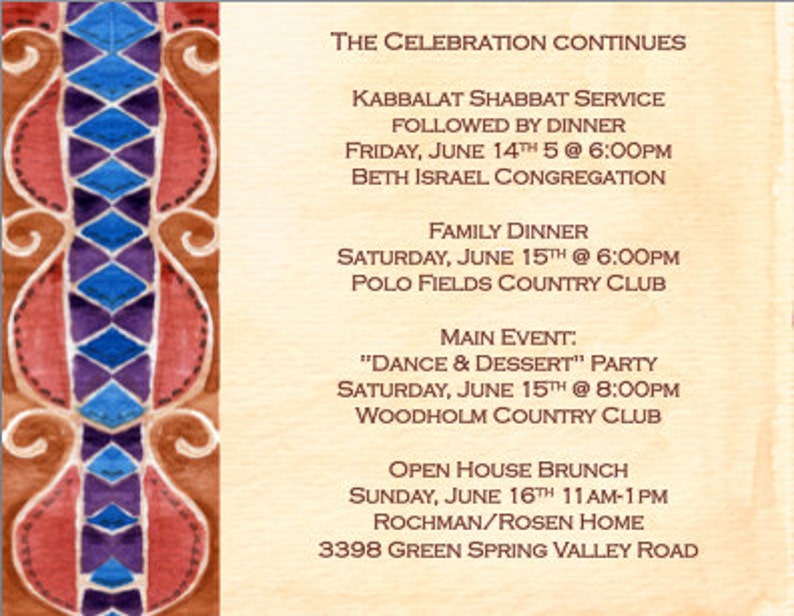 Puede incluir: Una tarjeta de anuncio de color beige con un borde decorativo. El texto dice: "The Celebration Continues" con detalles sobre un servicio de Kabbalat Shabbat, una cena familiar, una fiesta "Dance & Dessert" y un brunch de puertas abiertas.