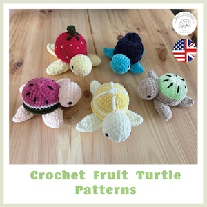 Set mit 5 Amigurumi Fruchtschildkröten Häkelanleitungen - Erdbeere, Kiwi, Zitrone, Blaubeere & Wassermelone