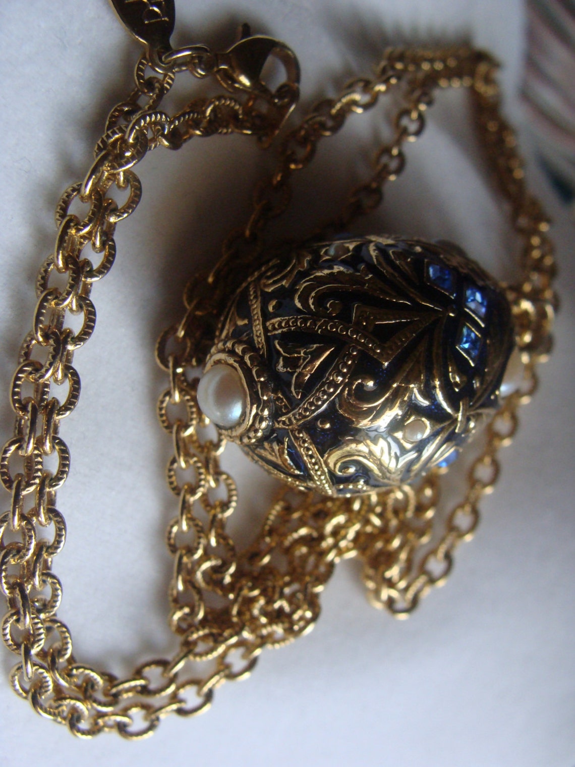 Joan Rivers Faberge Egg Pendant Necklace Gold tone Chain Blue Etsy