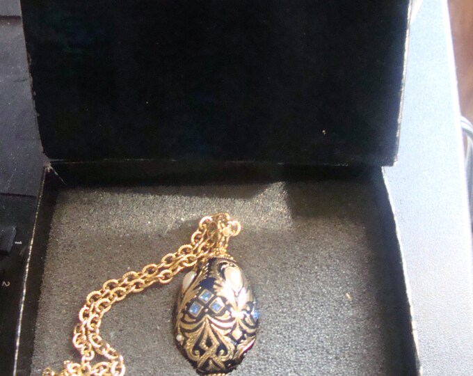 Joan Rivers Faberge Egg Pendant Necklace Gold Tone Chain Blue Etsy