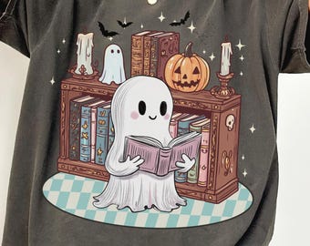 Ghost Reading Book Png | Book Nerd Png | Halloween Library Clipart | Cute Ghost Png | Ghostly Bookish Kawaii Png | Spooky Halloween Design