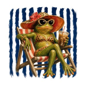 Peut inclure: Une grenouille verte portant un bikini à motif léopard, un chapeau à larges bords assorti avec une fleur d'hibiscus rouge et des lunettes de soleil noires. Elle est assise sur une chaise de plage en bois à rayures rouges et blanches.