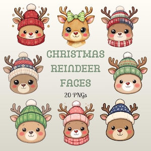 Puede incluir: Una colección de caras de renos navideños de dibujos animados, cada una con expresiones y accesorios de invierno únicos. Los renos llevan gorros, bufandas y lazos de varios colores. El texto dice "CHRISTMAS REINDEER FACES 20 PNGs".