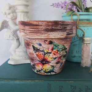 Hand Painted Distressed Purple, White, Decoupage Butterfly, Terracotta Clay Pot, 4 Inch or 6 Inch