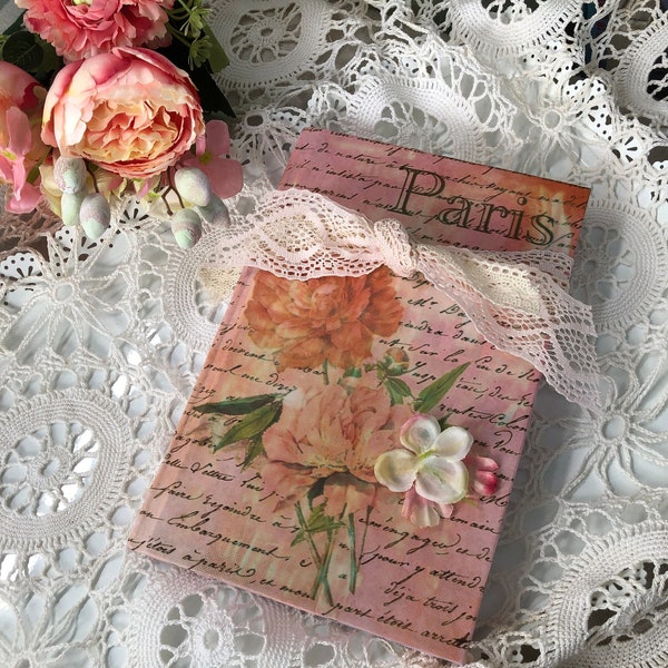 French Script Book Decor, Shabby Chic, pink peonies, Paris apt, French Country decor, Shabby Chic, Magnolia style, up cycled book