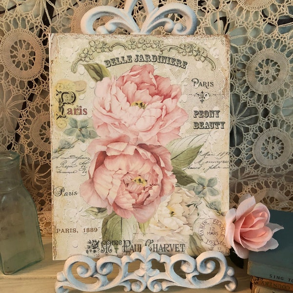 Pink Roses, peonies, Shabby Chic Sign, French Country wall art, Print on Canvas Art Panel, Paris Apt decor, 8 by 10 canvas, Belle Jardiniere