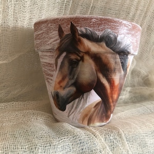 May include: A terracotta flower pot with a painted image of a brown horse's head. The pot has a distressed white paint finish.