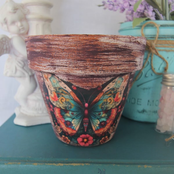 Decoupage Tattoo Butterfly, Terracotta Clay Pot, Hand Painted Distressed Purple, White, 4 Inch or 6 Inch