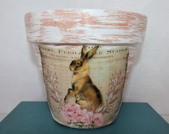 Bunny Pink Roses Planter, White Chalk Paint Distressed 4 in. Or 6 in. Feed, Stable, Farmhouse, Terracotta Clay Pot