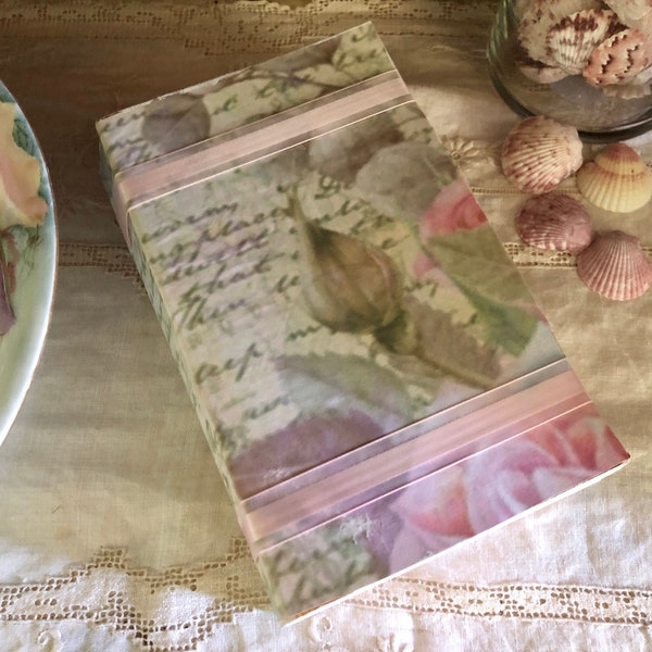 Book Stack, French script, shabby chic, French Country, Paris apt, French Country decor, Pink Rose, Ribbon bookstack