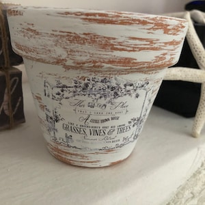May include: White terracotta planter with a distressed finish and a black and white floral design. The planter has the text "This is the place that I love the most. A little brown house like a ground bird's nest hid among grasses, vines & trees. Summer Retreat. No rules. No blues." printed on the front.