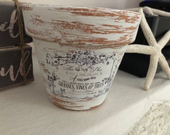 French Farmhouse Chalk Paint aged Clay Pot, 4 in or 6 in, Grasses Vines Trees