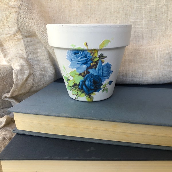 Blue Rose, Shabby Chic, English Cottage, Planter, White Painted Terracotta Pot, 4 inch or 6 inch