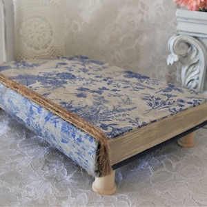 French Toile Inspired Book Riser, Blue Floral, Cottagecore, French Country Farmhouse, Hand Designed, Upcycle Decor