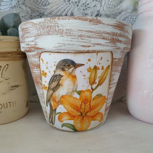 Lilies and Bird, Tiger Lily Terracotta Clay Pot, Chalk White, Distressed, 4 or 6 Inch