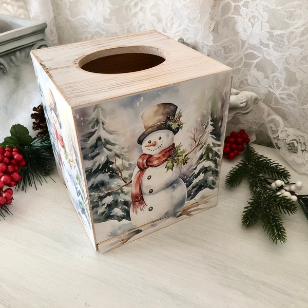 Tissue Box Cover, Winter Scene, Whitewashed Wood, Decoupaged Snowman Image, Snowy Christmas Tree, Holiday decor