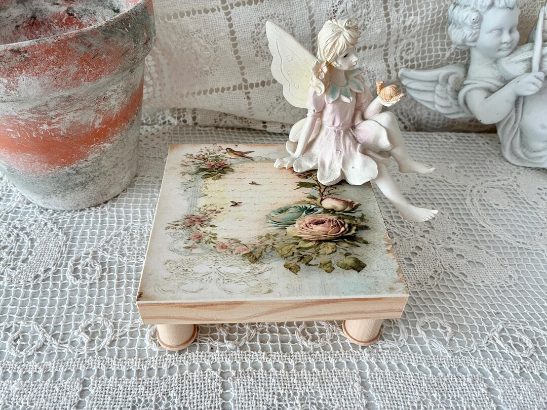 Small 5 Inch Wood Riser, Pink and Blue Rose, Bird, Script. Shabby Chic ...