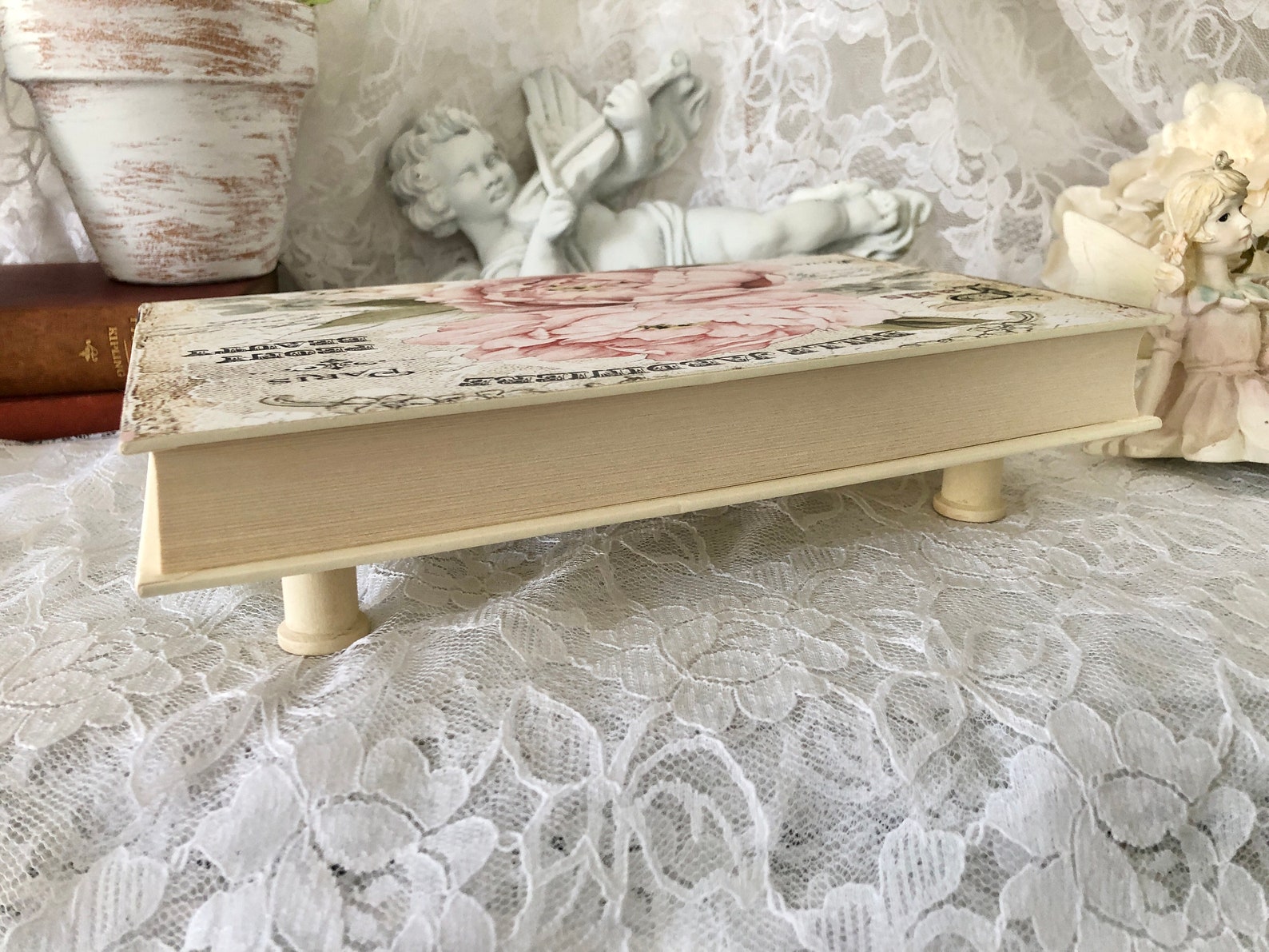 French Country Decor Riser, Pink Peony, Hand Designed Upcycled Book ...