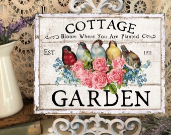 Cottage Garden, Bloom where you are planted, print on Canvas Art Panel 8 by 10, Birds, pink roses, Cottage decor