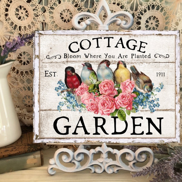 Cottage Garden, Bloom where you are planted, print on Canvas Art Panel 8 by 10, Birds, pink roses, Cottage decor