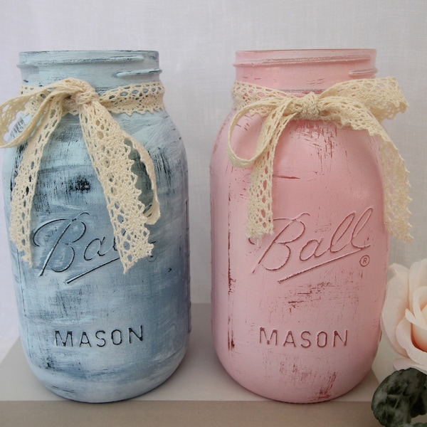 Mason Jar Centerpiece, Hand Painted Pink or Blue Distressed, Lace Trim - Quart