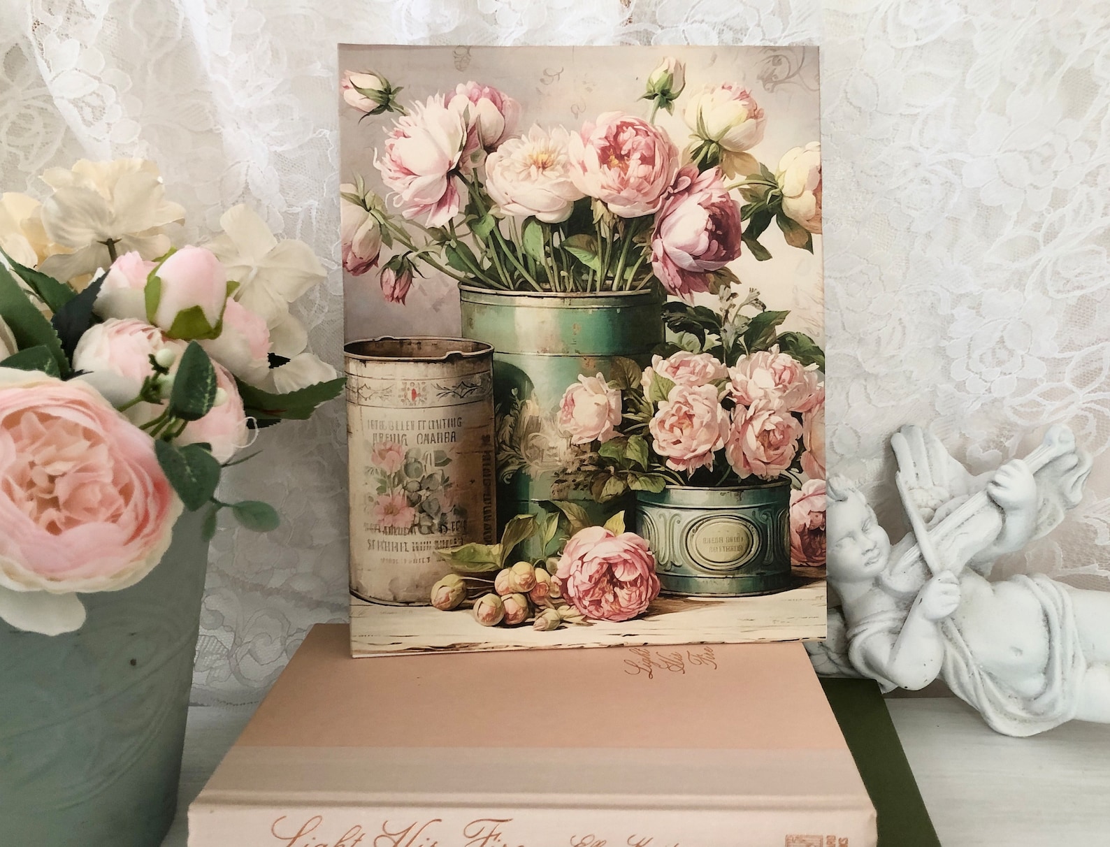 Peonies in Vintage Cans Image on 8 by 10 Canvas Art Panel, Shabby Chic ...