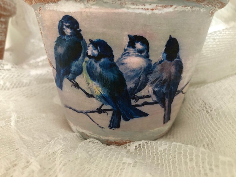 Grey/white 4 Birds Distressed, 4 in. Or 6 in. Chalk Painted French Farmhouse Terracotta Clay Pot image 2