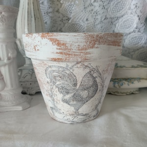 May include: White terracotta planter with a distressed finish and a black and white rooster design. The planter has the text "Le Poulet" at the bottom.