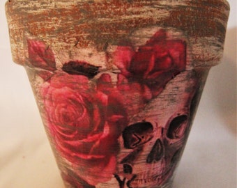 Gothic Skull, Planter, Distressed Terracotta Pot, Decoupaged Roses Skull, 4 in or 6 in