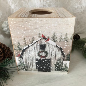 Tissue Box Cover, Winter Scene, Whitewashed Wood, Decoupaged Snowy Barn Image, Christmas Holiday decor