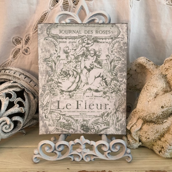 French Sign, Shabby Chic, wall art, 8 by 10 Canvas Art Panel, Le Fleur, grey and white, Cherubs, French Country