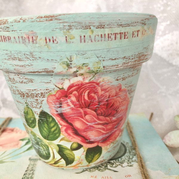 Terra Cotta Clay Pot, Aqua Chalk Paint aged, French Country, Pink Peony, 4 in or 6 inch Planter