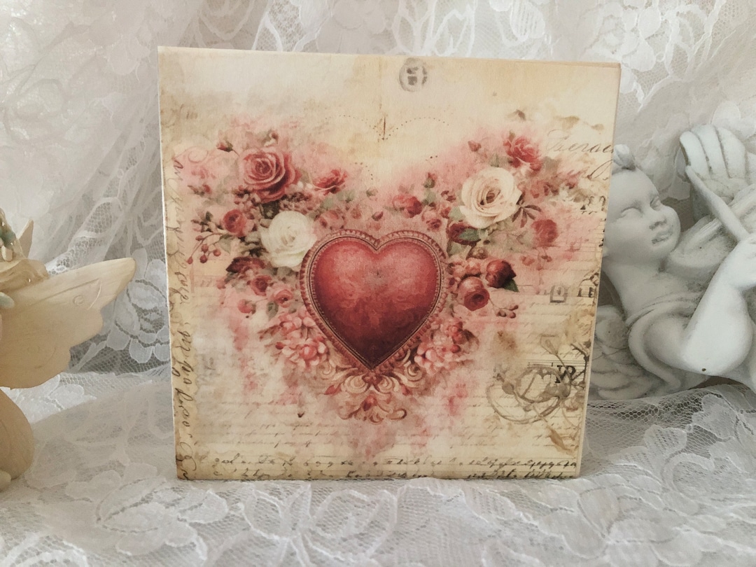Valentine, Shelf Sitter, 5x5 In. Wood Windowsill Decor, Pink Heart and Roses, Romantic Cottage