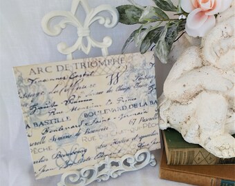 French Script Arc De Triomphe Sign, Shabby Chic, French Country Wall Art Print on 8 by 10 Canvas Panel, Paris Apartment, Cottage Core Plaque