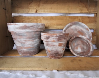 Hand Painted Aged Look, Chalk Paint, Distressed Terracotta Clay Pots, Saucers, 4 or 6 Inch, Rustic Farmhouse