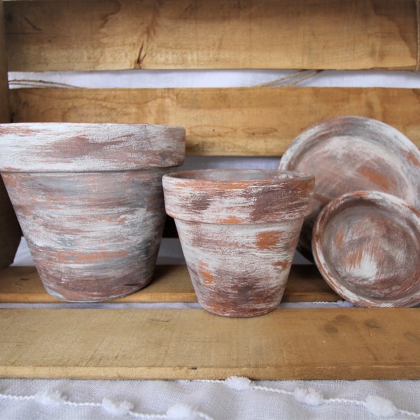 Hand Painted Aged Look, Chalk Paint, Distressed Terracotta Clay Pots, Saucers, 4 or 6 Inch, Rustic Farmhouse