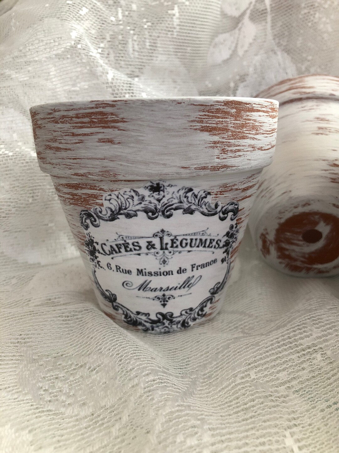 French Farmhouse White Chalk Paint Distressed 4 In. or 6 In. Clay Pot