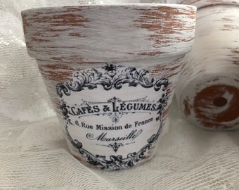 French Farmhouse  White Chalk Paint Distressed 4 in. or 6 in. Clay Pot Cafes Legumes
