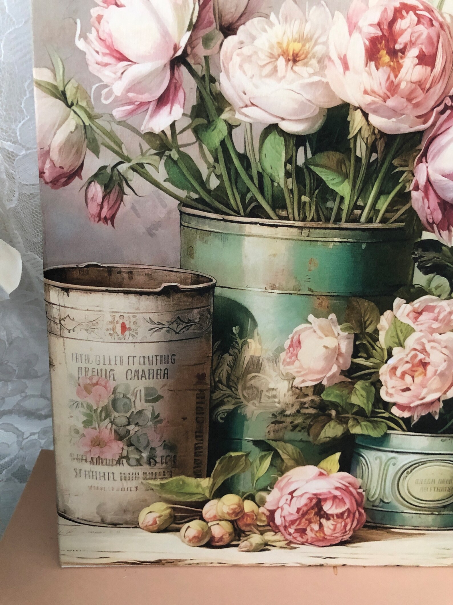 Peonies in Vintage Cans Image on 8 by 10 Canvas Art Panel, Shabby Chic ...