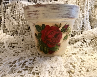 Hand Painted Distressed, Beige & White, Decoupage Red Rose, Terracotta Clay Pot, 4 Inch or 6 Inch