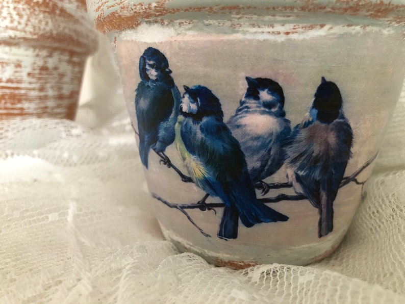 Grey/white 4 Birds Distressed, 4 in. Or 6 in. Chalk Painted French Farmhouse Terracotta Clay Pot image 5