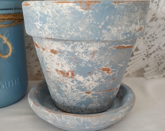 French Country Blue, Gray, White, Terracotta Planter, Rustic, Distressed, Aged Look, 4 or 6 in Clay Pot and Saucer Set