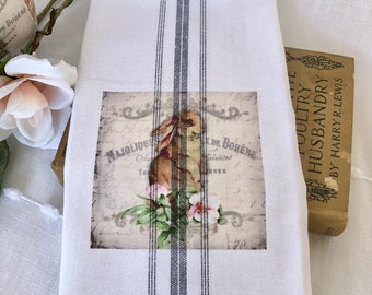French Bunny Grain Sack, towel, 26 L by 15.5 W French Country, Grey stripe Tea Towel, Farmhouse Kitchen decor