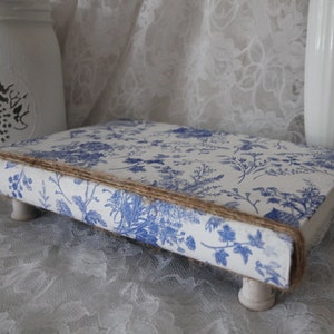 White, Blue French Toile Inspired Book Riser, Floral, Cottagecore, French Country Farmhouse, Hand Designed, Upcycle Decor