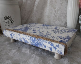 White, Blue French Toile Inspired Book Riser, Floral, Cottagecore, French Country Farmhouse, Hand Designed, Upcycle Decor